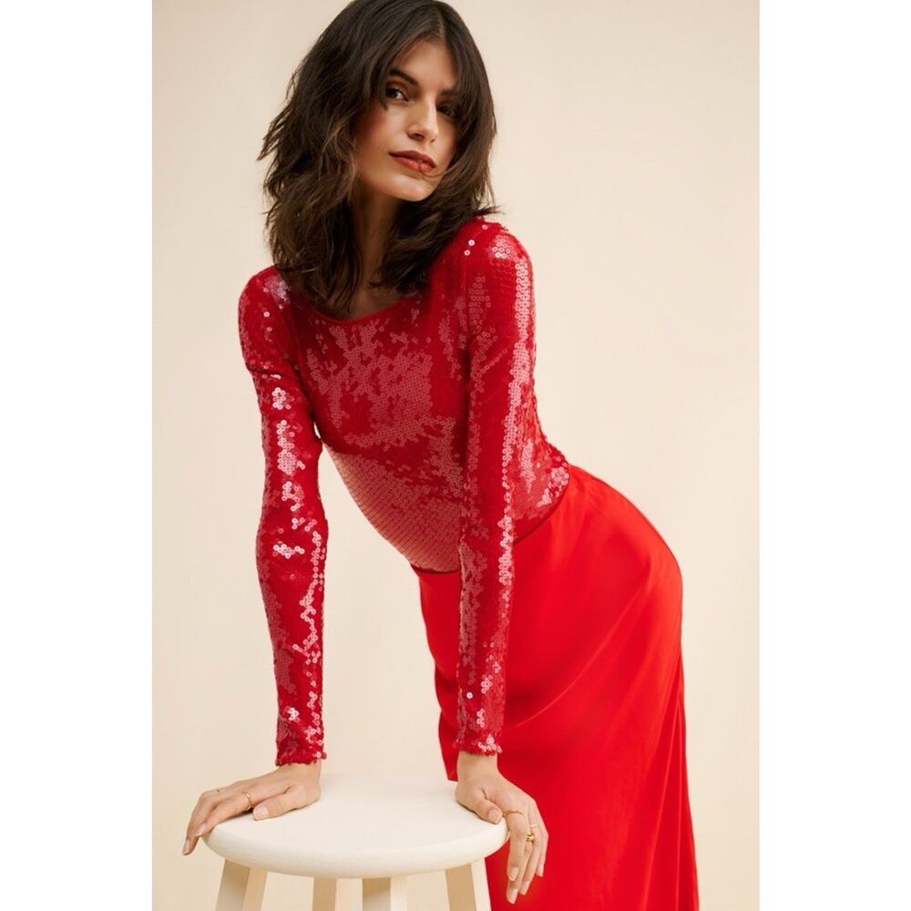 Bardot Sequin Long Sleeve Bodysuit Open‎ Back Red Size Large